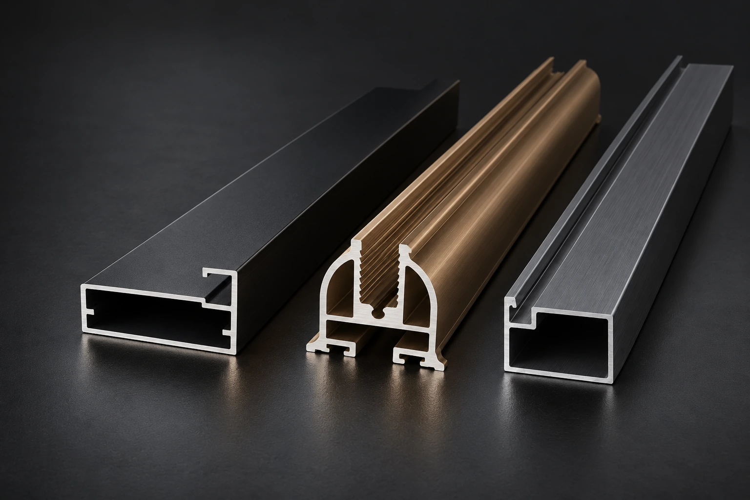 Mat siyah çerçeve kapak profili, bronz cam profili ve füme sineklik kasa profilinin referans görsellere dayalı 3D sunumu